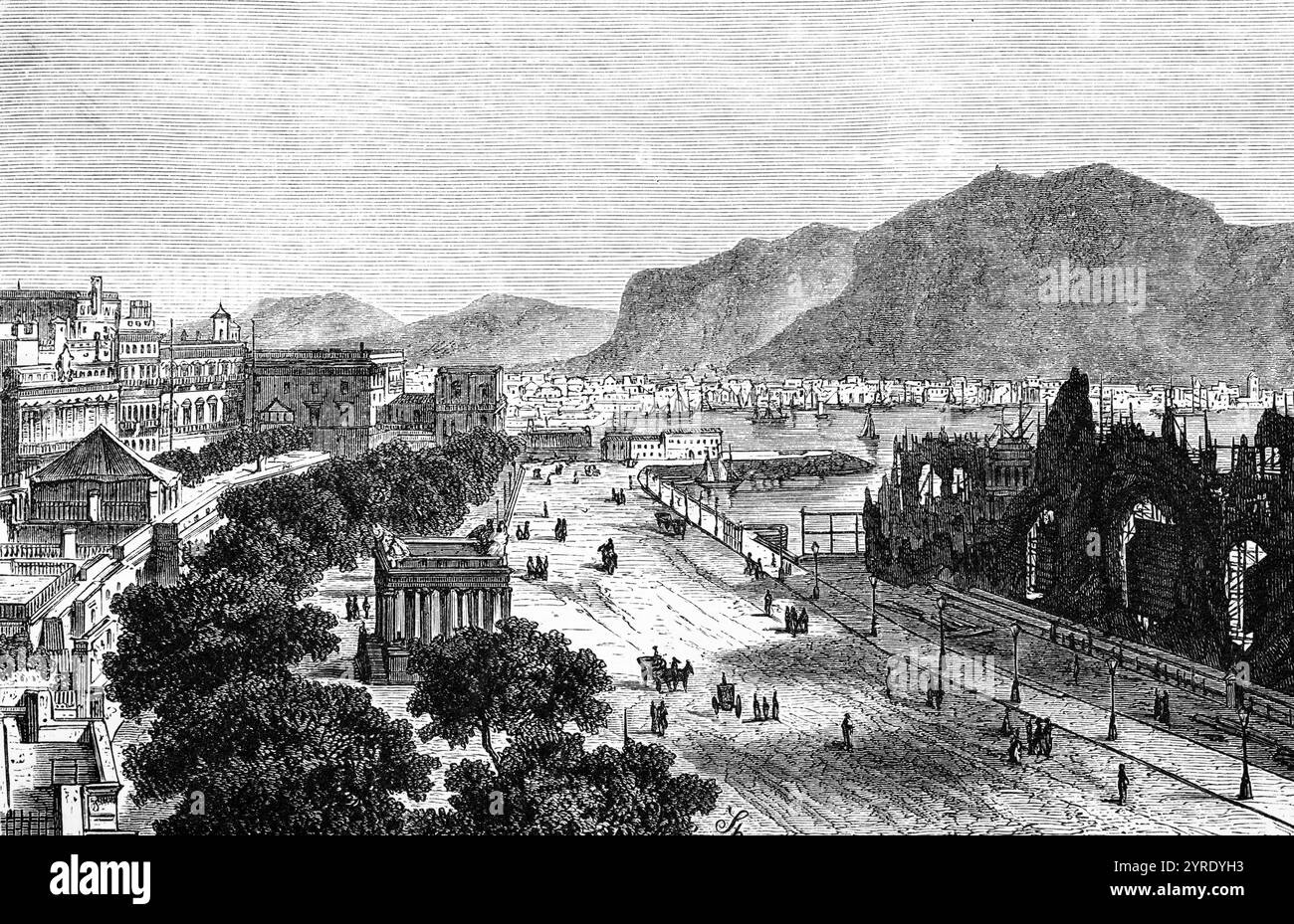 Vista sulla città di Palermo con monte e punto panoramico Monte Pellegrino, strada sabbiosa con carrozze trainate da cavalli e pedoni, Sicilia, Mar Mediterraneo, Ital Foto Stock