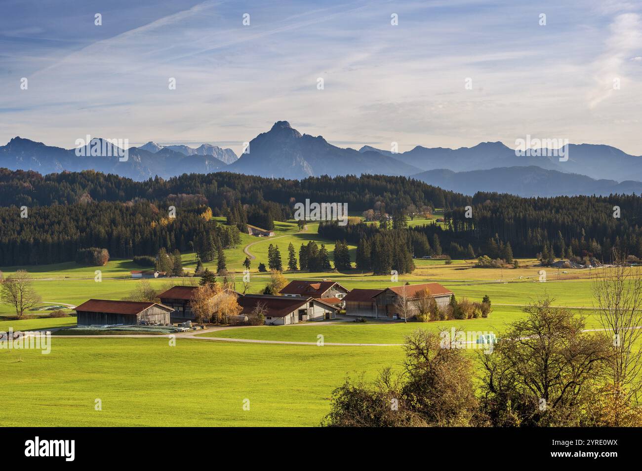 Fattorie, prati autunnali e foreste vicino a Seeg con il monte Saeuling sullo sfondo, Allgaeu, Baviera, Germania, Europa Foto Stock