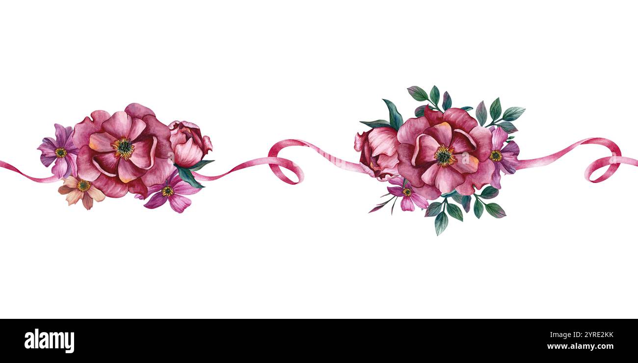 Motivo senza cuciture con fiori e nastro. Motivo orizzontale con peonia rosa. Illustrazione acquerello su sfondo bianco. Ornamento per carta, molla Foto Stock
