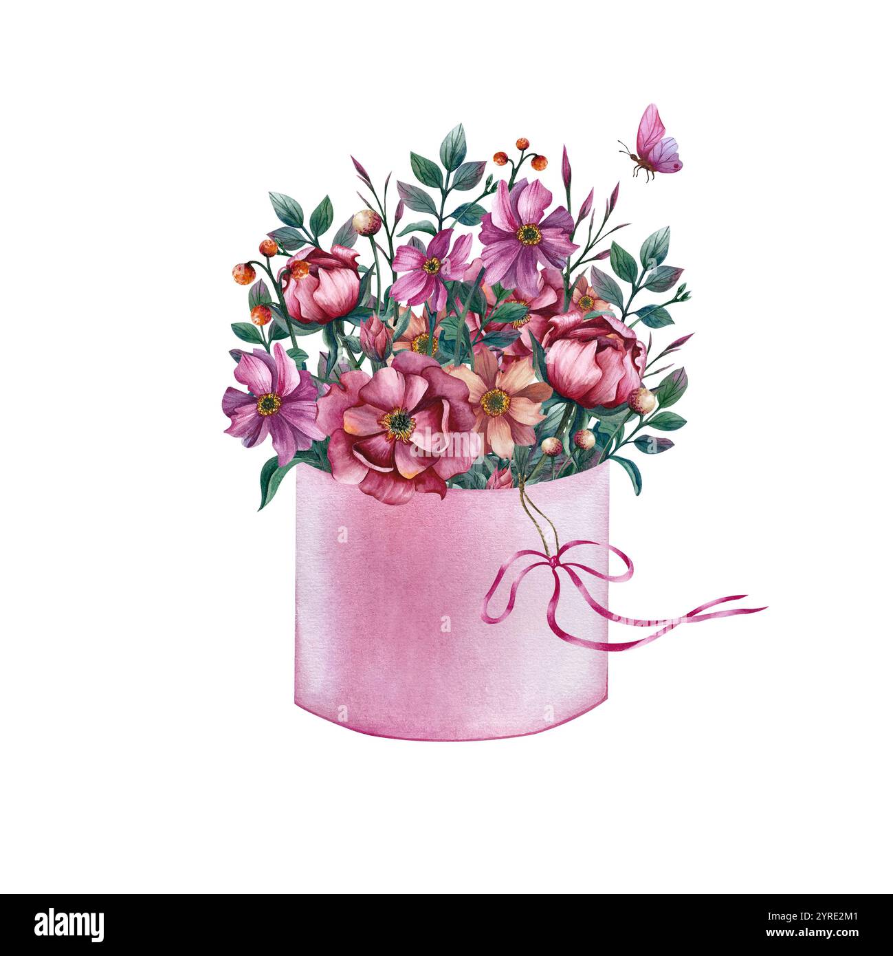 Bouquet floreale natalizio in una scatola per cappello rosa. Illustrazione ad acquerello con farfalla, foglie e nastro su sfondo bianco. Bouquet primaverile in regalo, post Foto Stock