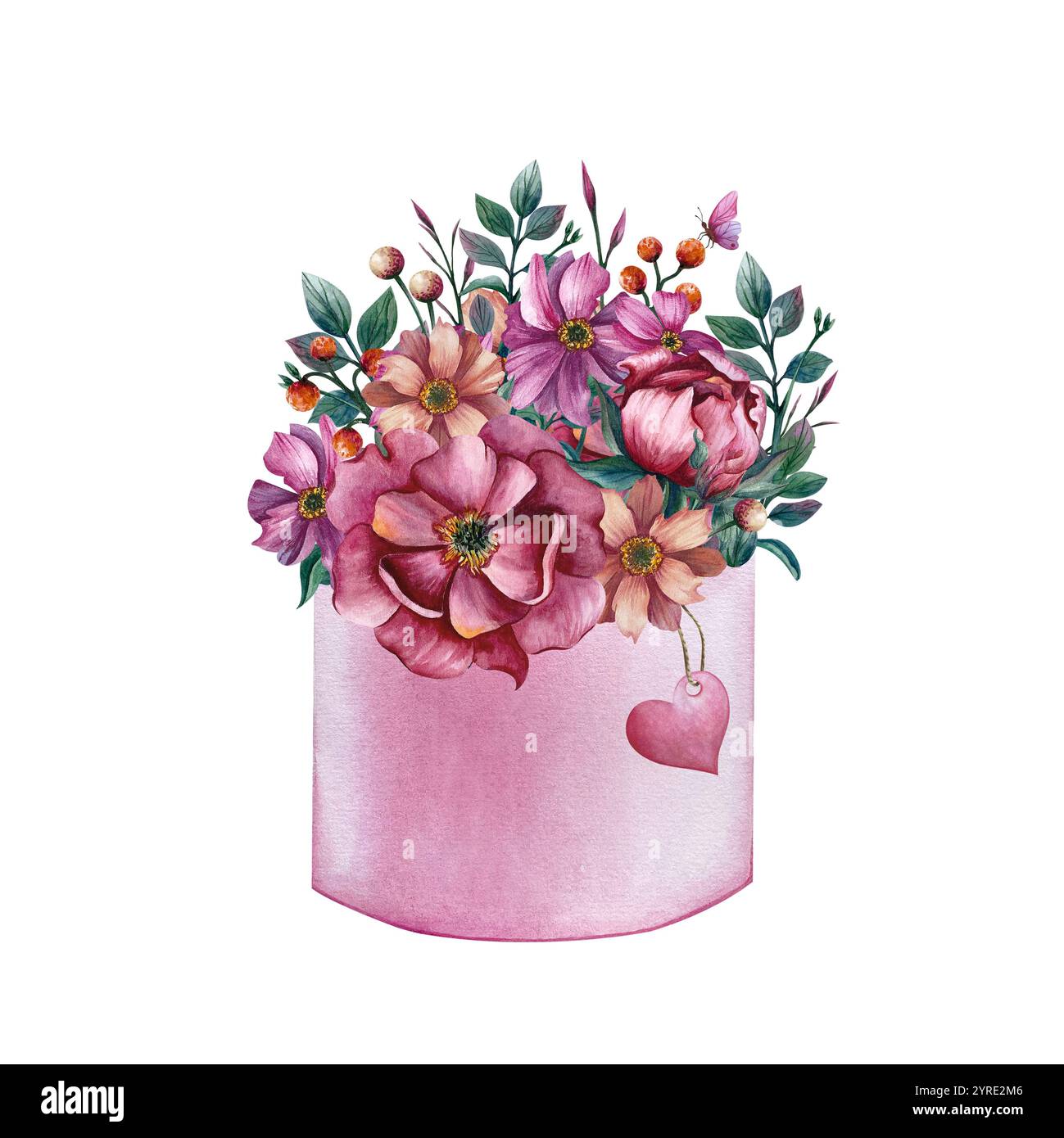 Bouquet di fiori in una confezione regalo rosa. Illustrazione isolata ad acquerello con etichetta a forma di peonia e cuore su sfondo bianco. Bouquet primaverile in regalo, pos Foto Stock