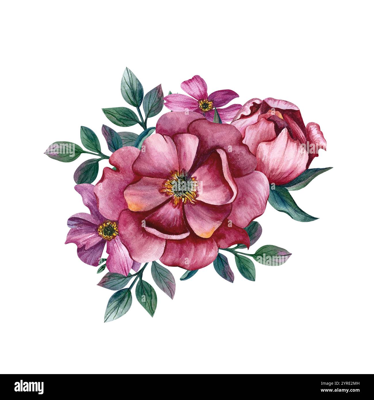 Composizione con fiori peonie e anemoni. Illustrazione acquerello su sfondo bianco. Fiori primaverili ed estivi per cartoline e inviti Foto Stock