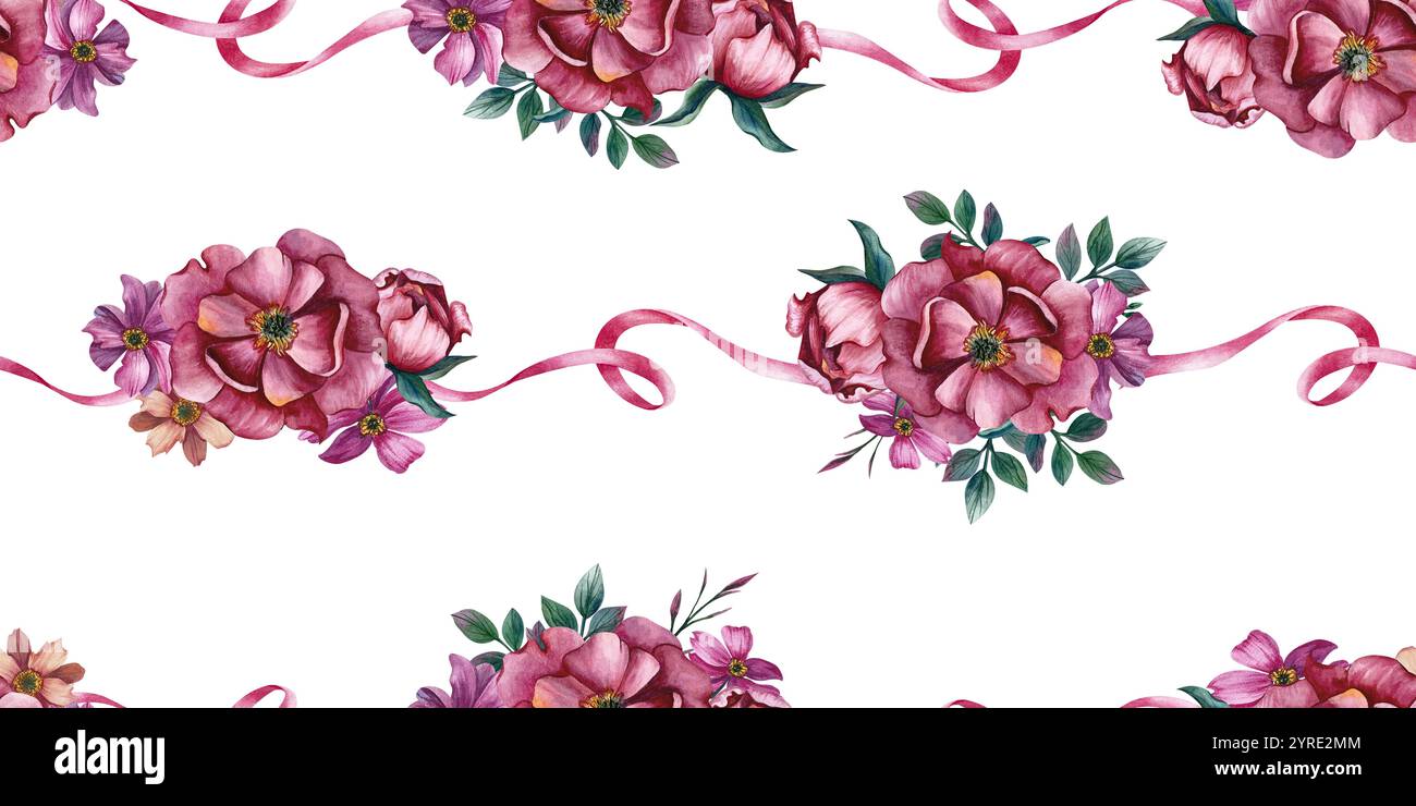 Fiori senza cuciture. Motivo orizzontale con peonia e nastro. Illustrazione acquerello su sfondo bianco. Ornamento per carta da imballaggio, molla c Foto Stock