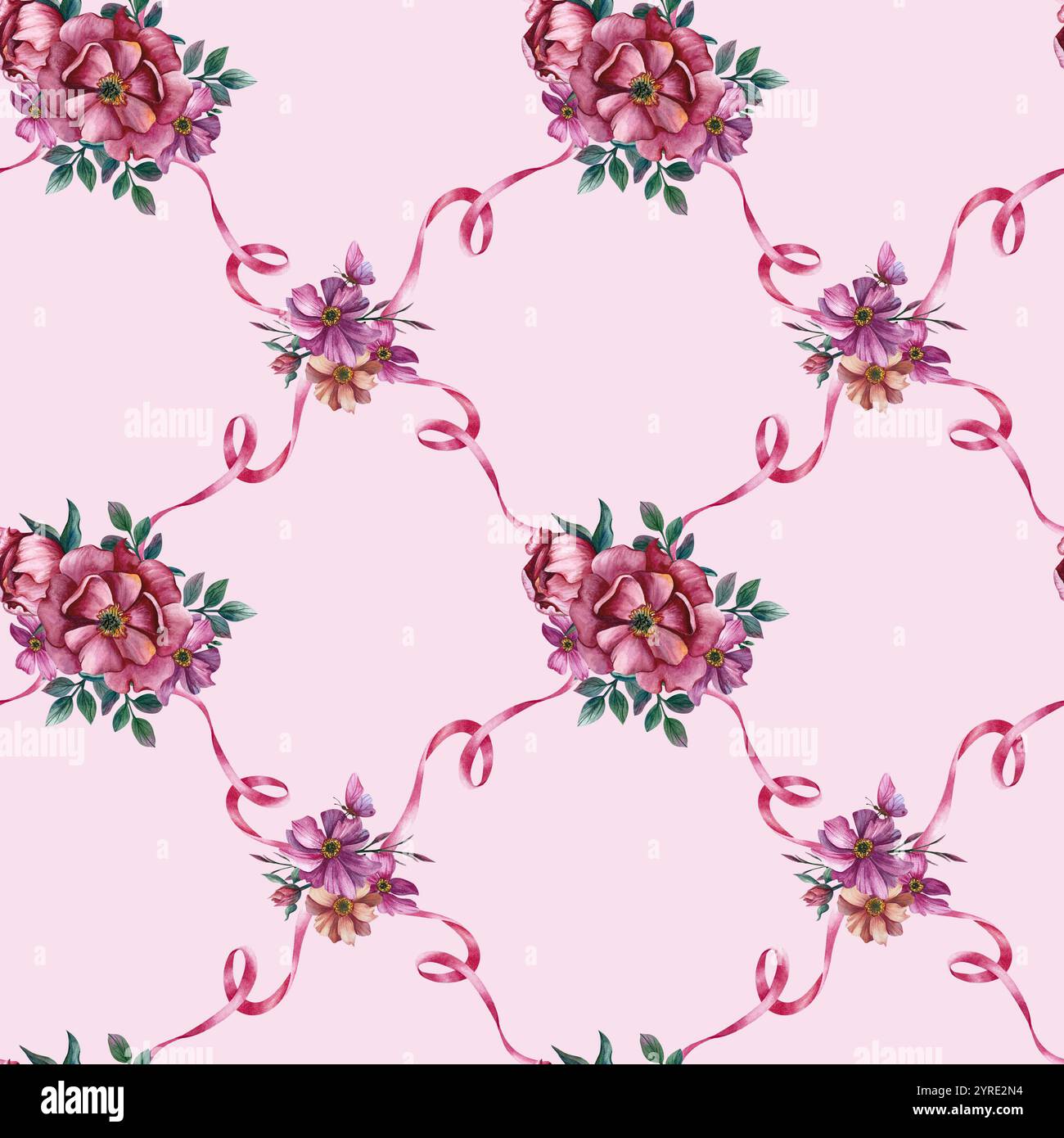 Fiori rosa peonia motivo senza cuciture con foglie e nastro. Illustrazione isolata con acquerello su sfondo rosa. Per confezionare carta, confezione regalo da donna Foto Stock