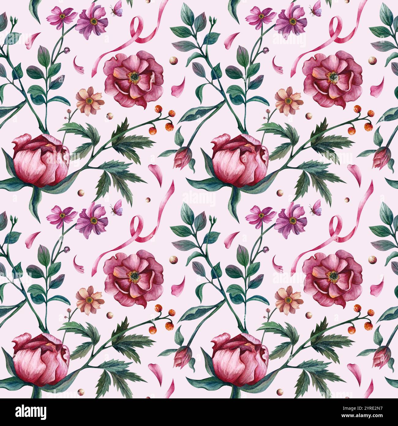 Motivo senza cuciture con fiori, foglie e nastri illustrazione ad acquerello su sfondo rosa. L'ornamento botanico e' adatto per le vacanze primaverili e per Foto Stock
