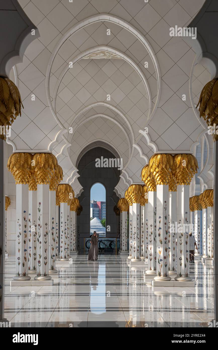 Corridoio interno ornato della grande Moschea dello Sceicco Zayed, caratterizzato da capitelli dorati a forma di palma e colonne floreali in marmo ad Abu Dhabi, Emirati Arabi Uniti. Foto Stock