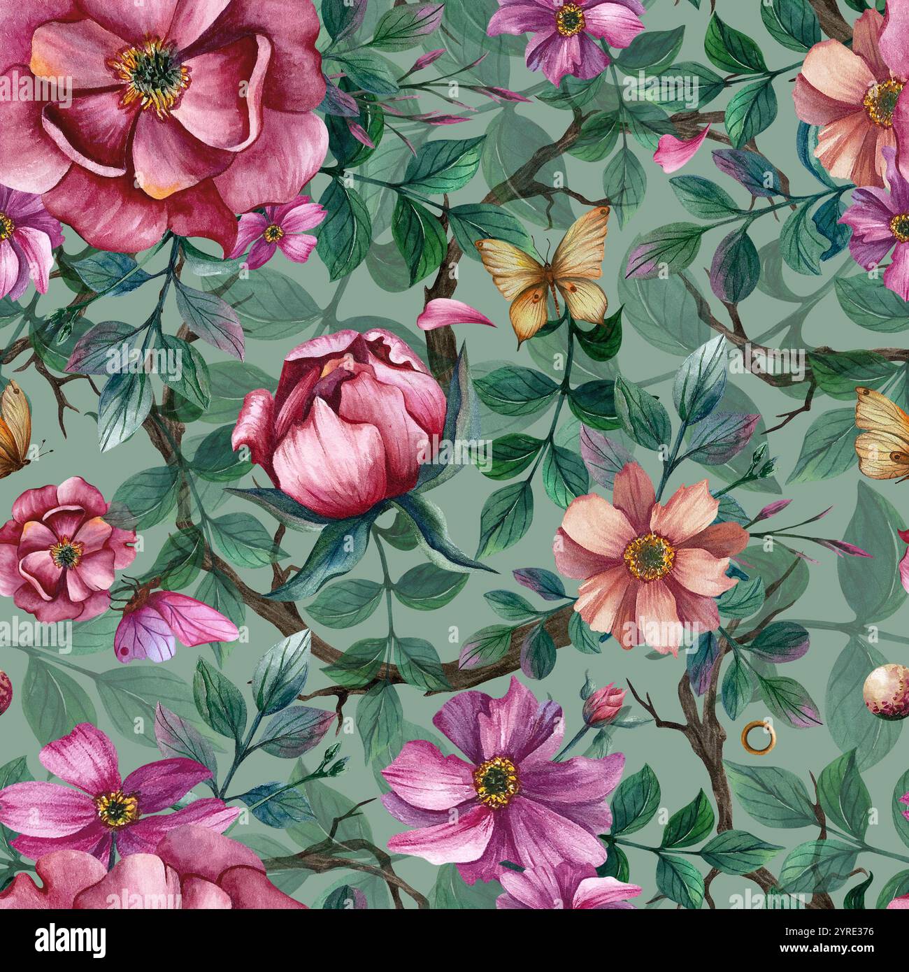 Motivo floreale con peonie e farfalle, anemoni e foglie. Sfondo isolato illustrazione acquerello. Ornamento per le vacanze primaverili ed estive Foto Stock