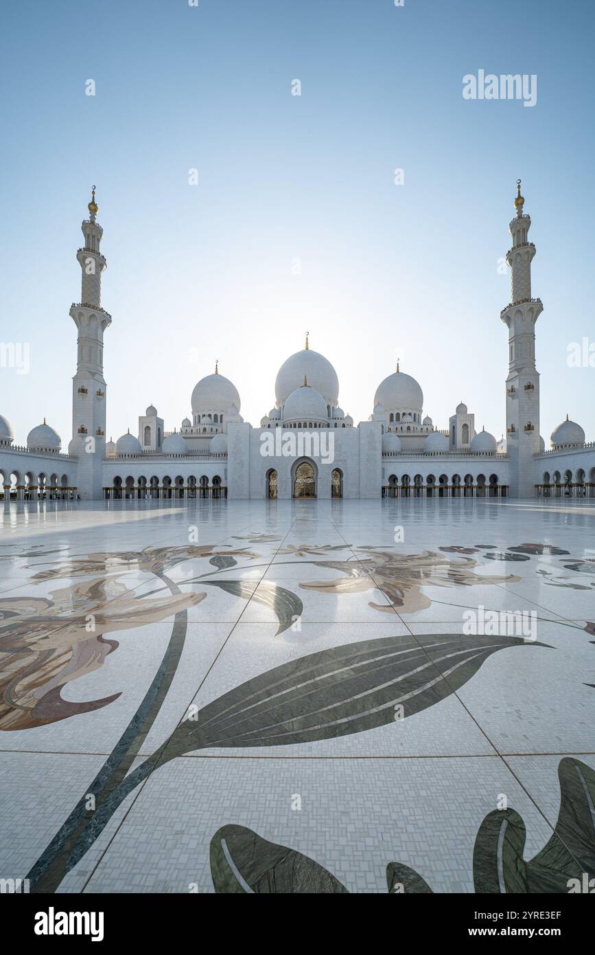 Grande Moschea dello Sceicco Zayed, Abu Dhabi, caratterizzata da intricati disegni floreali sul cortile in marmo con grandi cupole e minareti che brillano sotto una chiara b Foto Stock