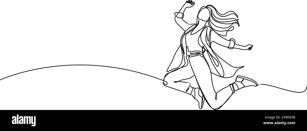 disegno continuo a linea singola di una donna allegra che salta in allegria, illustrazione vettoriale line art Illustrazione Vettoriale