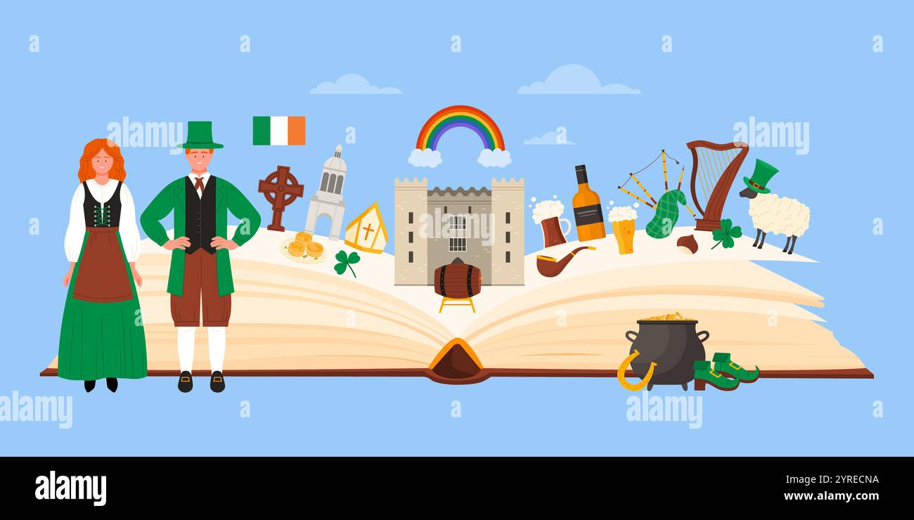 Elementi culturali, cibo e famosi monumenti dell'Irlanda in collage infografico con guida cartacea gigante aperta, popolo irlandese in abiti tradizionali per l'illustrazione vettoriale dei cartoni animati del giorno di San Patrizio Illustrazione Vettoriale