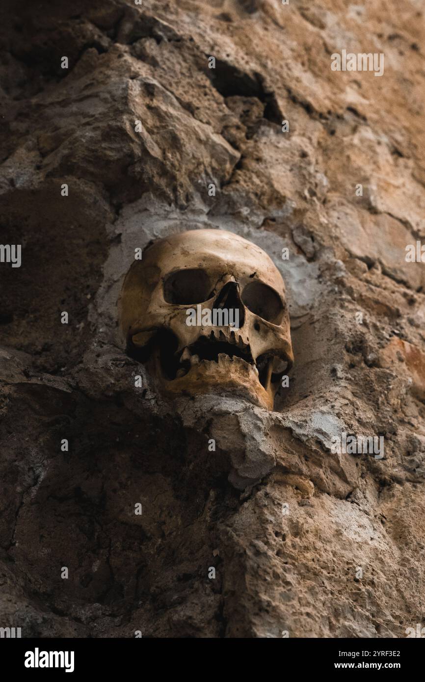 Un teschio di Cele Kula a Niš, Serbia, parte della Skull Tower, simboleggia la storia, il sacrificio e un agghiacciante ricordo della guerra e della resilienza. Foto Stock