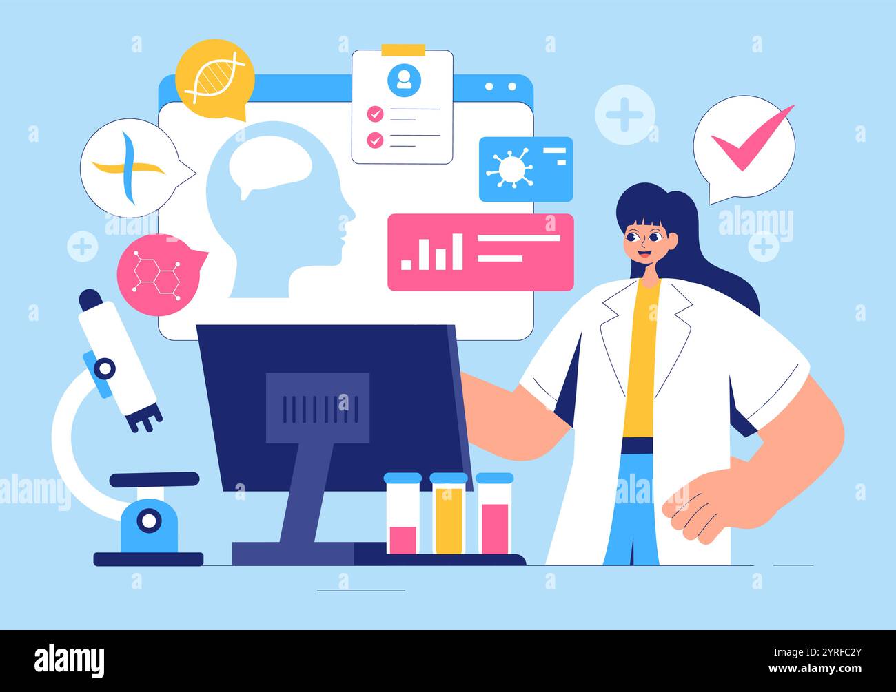 Illustrazione del vettore dei biomarcatori con prove biologiche del DNA dei biomarcatori, nanotecnologia, formule chimiche strutturali e modelli molecolari Illustrazione Vettoriale