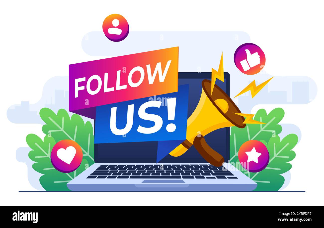 Modello vettoriale per illustrazioni piatte, megafono su laptop, pubblicità su Internet, Marketing, concetto di promozione sui social media per Web ba Illustrazione Vettoriale