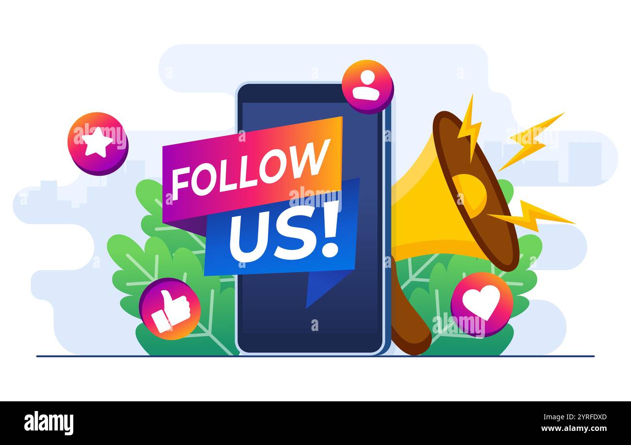 Modello vettoriale per illustrazioni piatte, megafono con smartphone, pubblicità su Internet, marketing, concetto di promozione sui social media per Illustrazione Vettoriale