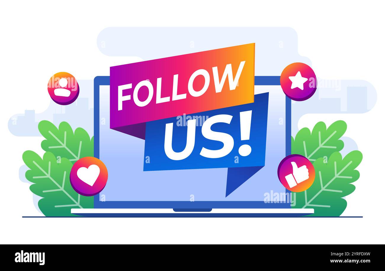 Modello vettoriale per illustrazioni piatte, megafono su laptop, pubblicità su Internet, Marketing, concetto di promozione sui social media per Web ba Illustrazione Vettoriale