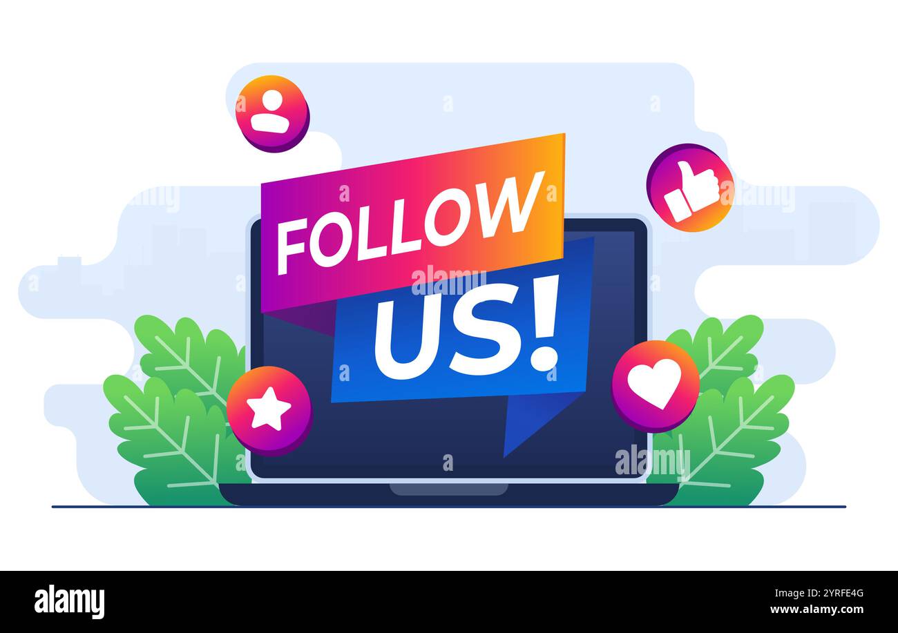 Modello vettoriale per illustrazioni piatte, megafono su laptop, pubblicità su Internet, Marketing, concetto di promozione sui social media per Web ba Illustrazione Vettoriale