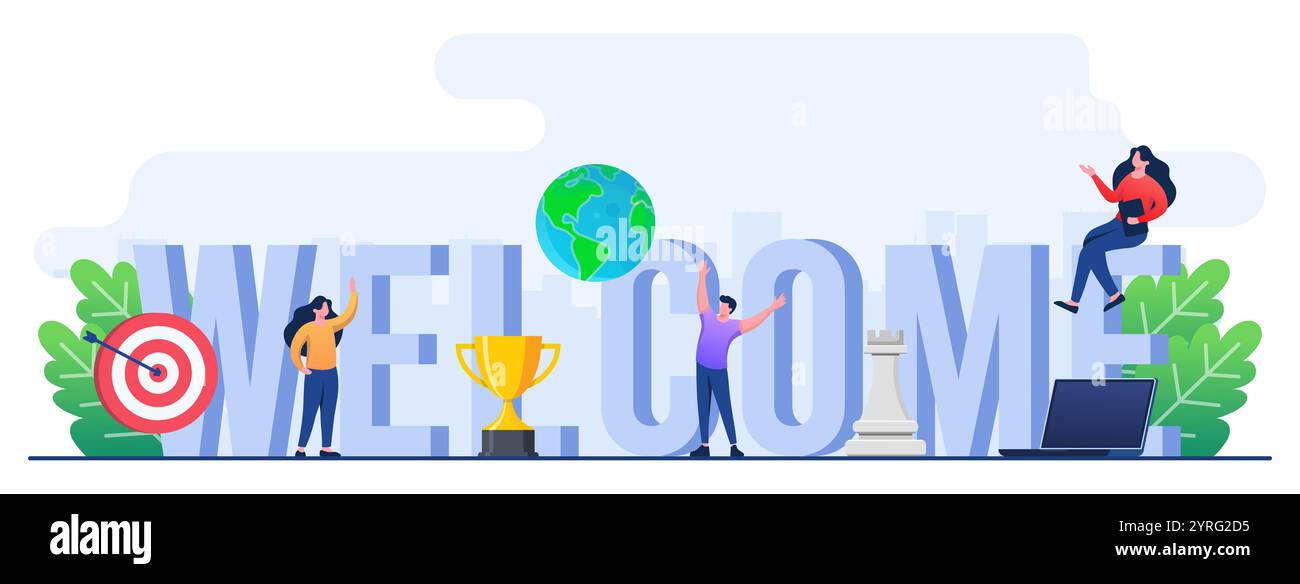 Lettere di benvenuto con il modello di illustrazione vettoriale per pagine Web, banner, presentazioni, social media, documenti, biglietti, poster, saluto Illustrazione Vettoriale