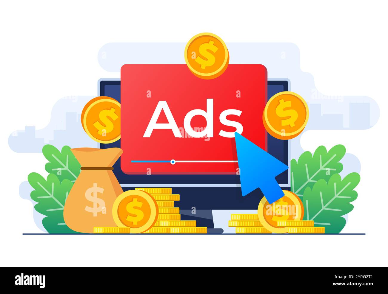 Annunci pubblicitari a pagamento sul sito Web che generano entrate per editore, concetto pay per click, PPC, pubblicità o pubblicità, promozione Illustrazione Vettoriale