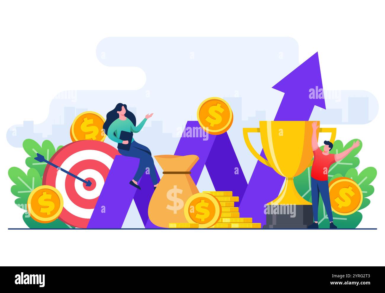 Costruisci la strada per il successo, la crescita finanziaria e degli investimenti, il lavoro di squadra per raggiungere gli obiettivi aziendali, il trofeo, il premio e il premio, il personale aziendale con Start-u Illustrazione Vettoriale