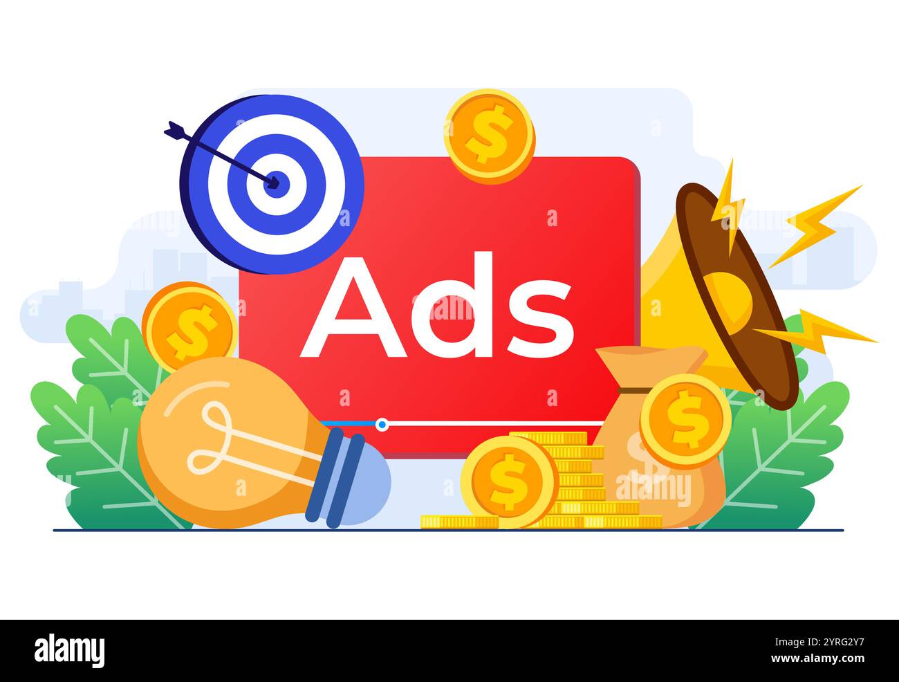 Annunci pubblicitari a pagamento sul sito Web che generano entrate per editore, concetto pay per click, PPC, pubblicità o pubblicità, promozione Illustrazione Vettoriale