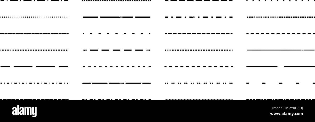 Gruppo linee sottili tratteggiate. Collezione di strisce nere a puntini. Separare e dividere il pacchetto di elementi per opuscoli, poster, brochure, banner, opuscoli, opuscolo. Pacchetto di progettazione vettoriale Illustrazione Vettoriale