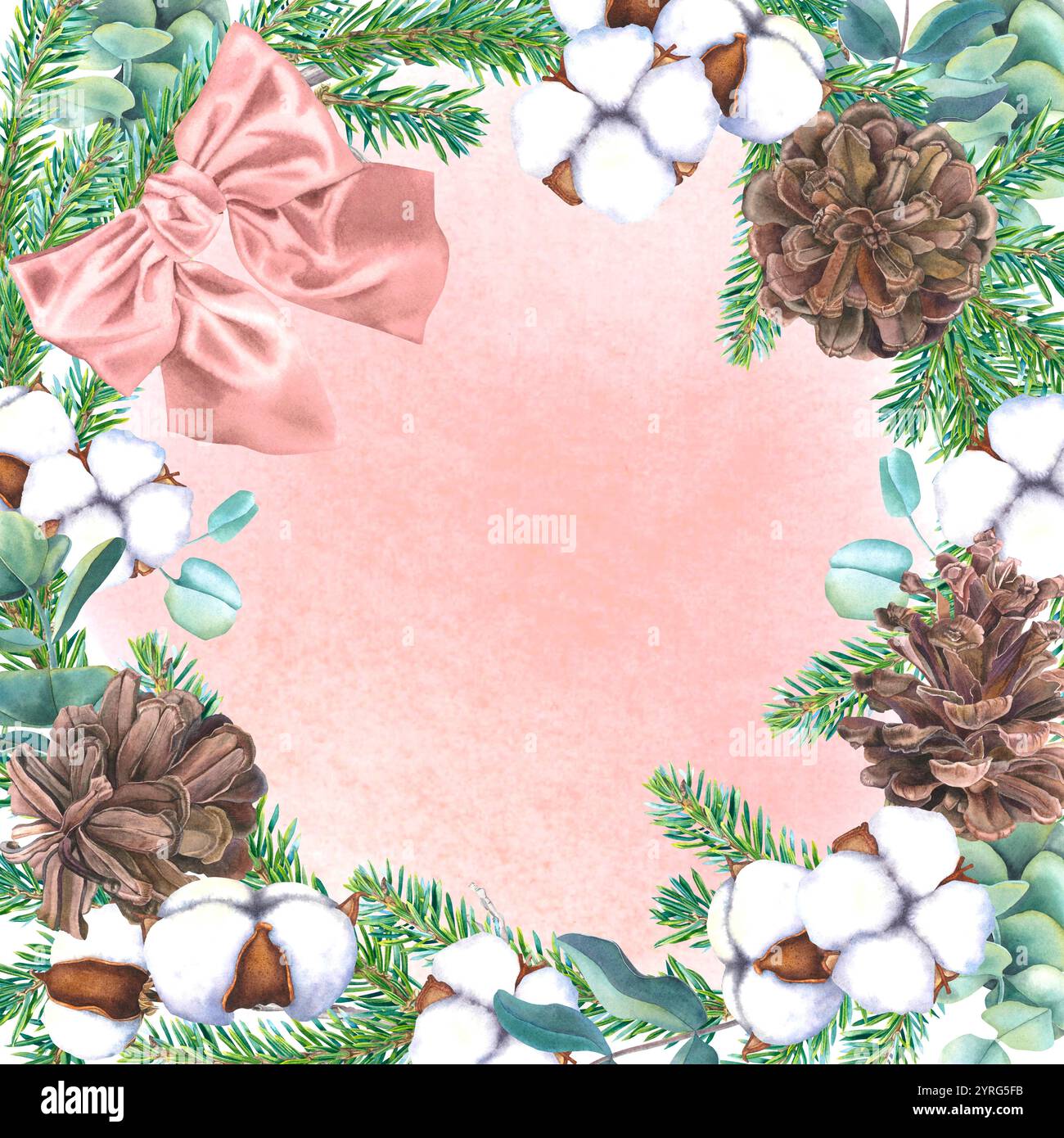 Cornice quadrata di Capodanno con coni di pino, rami di conifere, eucalipto, bolli di cotone e fiocco a nastro rosa. Illustrazione ad acquerello disegnata a mano. Foto Stock