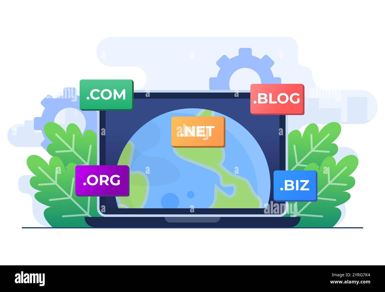 Modello vettoriale illustrazione piatta concetto di sistema di nomi di dominio, DNS, nome di dominio del sito Web, Internet o cyberspazio, pagina Web di registrazione del dominio, scegliere, Illustrazione Vettoriale