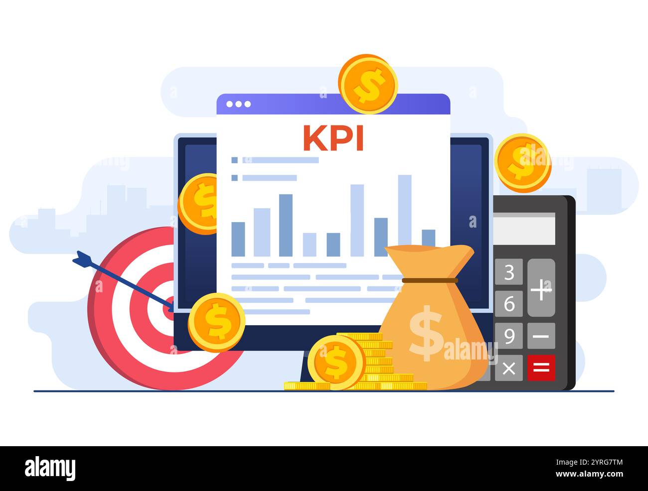 KPI, indicatori chiave delle prestazioni concetto tecnico aziendale illustrazione vettoriale piatta, valutazione delle prestazioni e dinamica su dashboard, strategia, dati Illustrazione Vettoriale