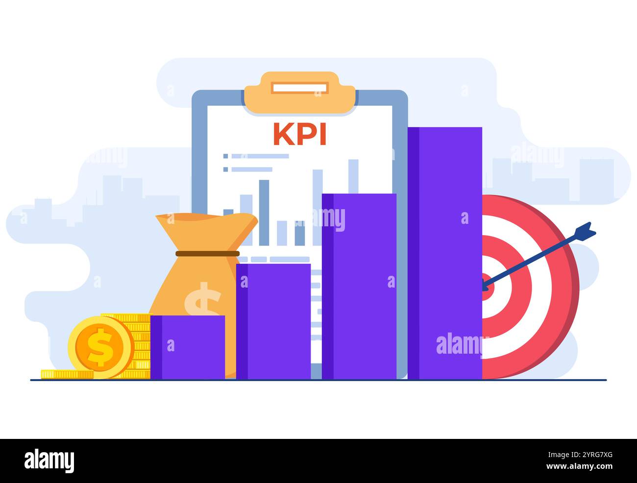 KPI, indicatori chiave delle prestazioni concetto tecnico aziendale illustrazione vettoriale piatta, valutazione delle prestazioni e dinamica su dashboard, strategia, dati Illustrazione Vettoriale