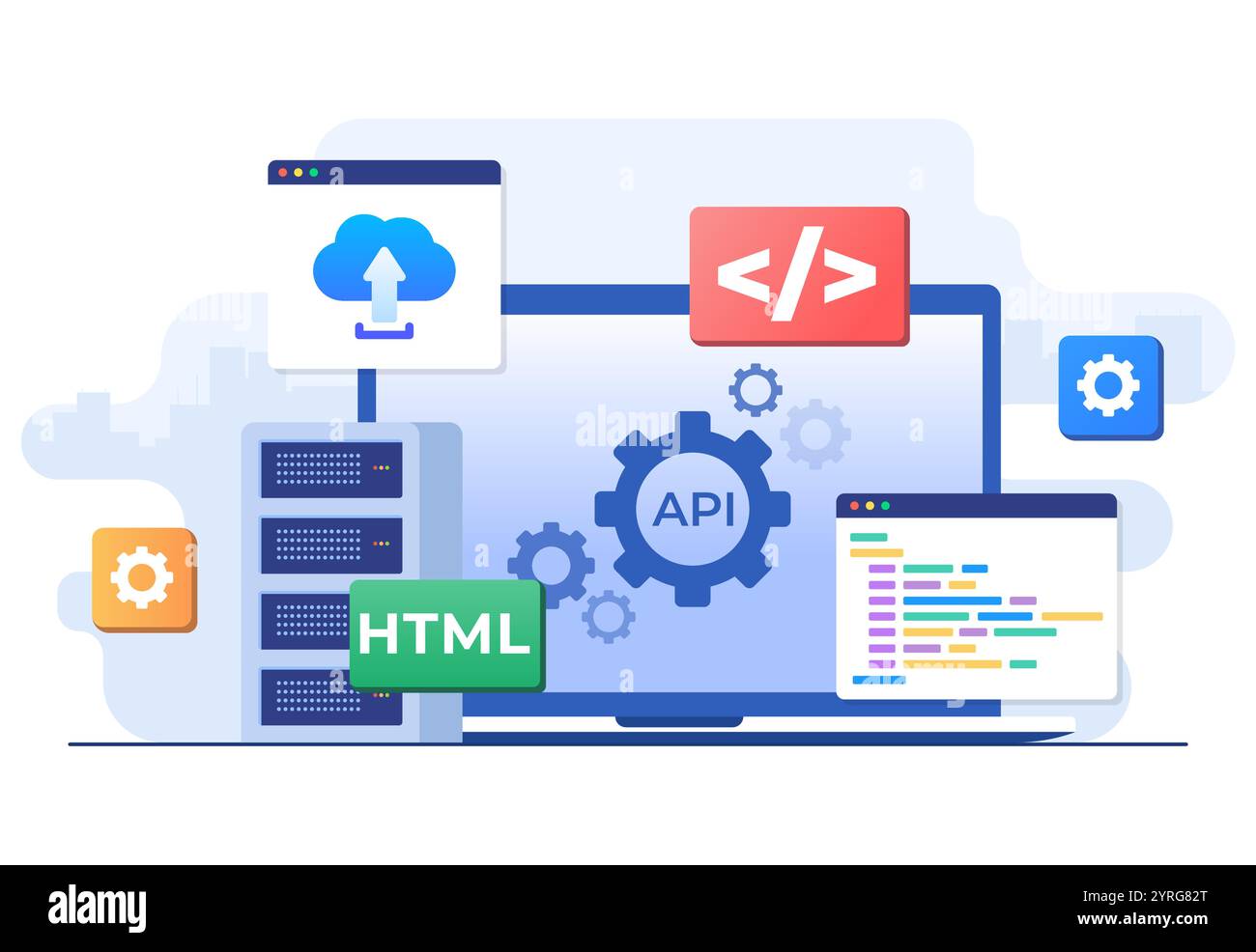 Concetto di interfaccia di programmazione dell'applicazione, API fornisce l'interfaccia per la comunicazione tra applicazioni, strumento di sviluppo software, Internet e. Illustrazione Vettoriale