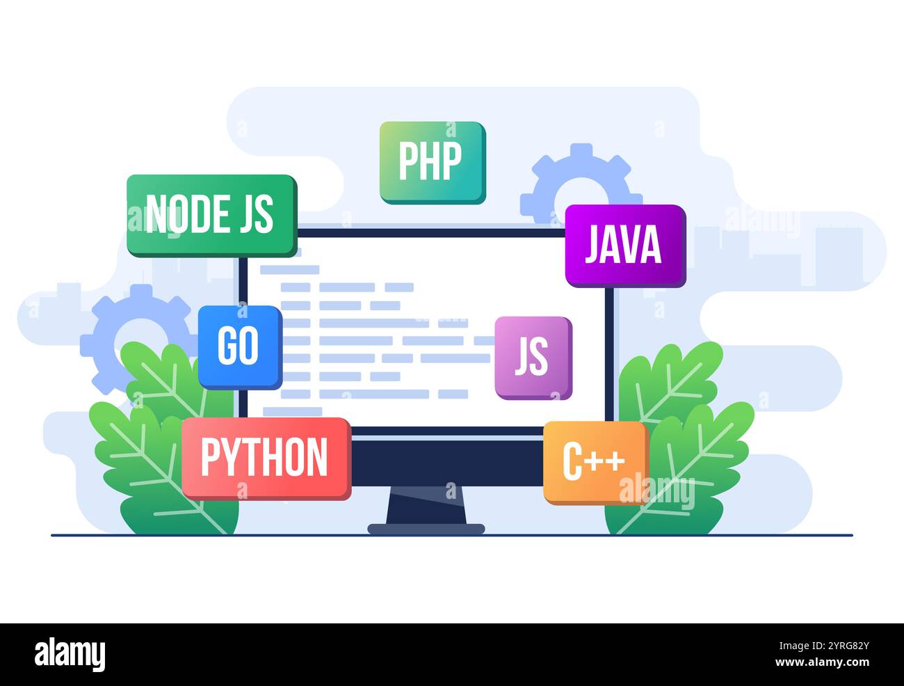 Concetto di sviluppo Web modello vettoriale con illustrazione piatta, progettazione di applicazioni, codifica e programmazione su un laptop con linguaggi di programmazione, test Illustrazione Vettoriale