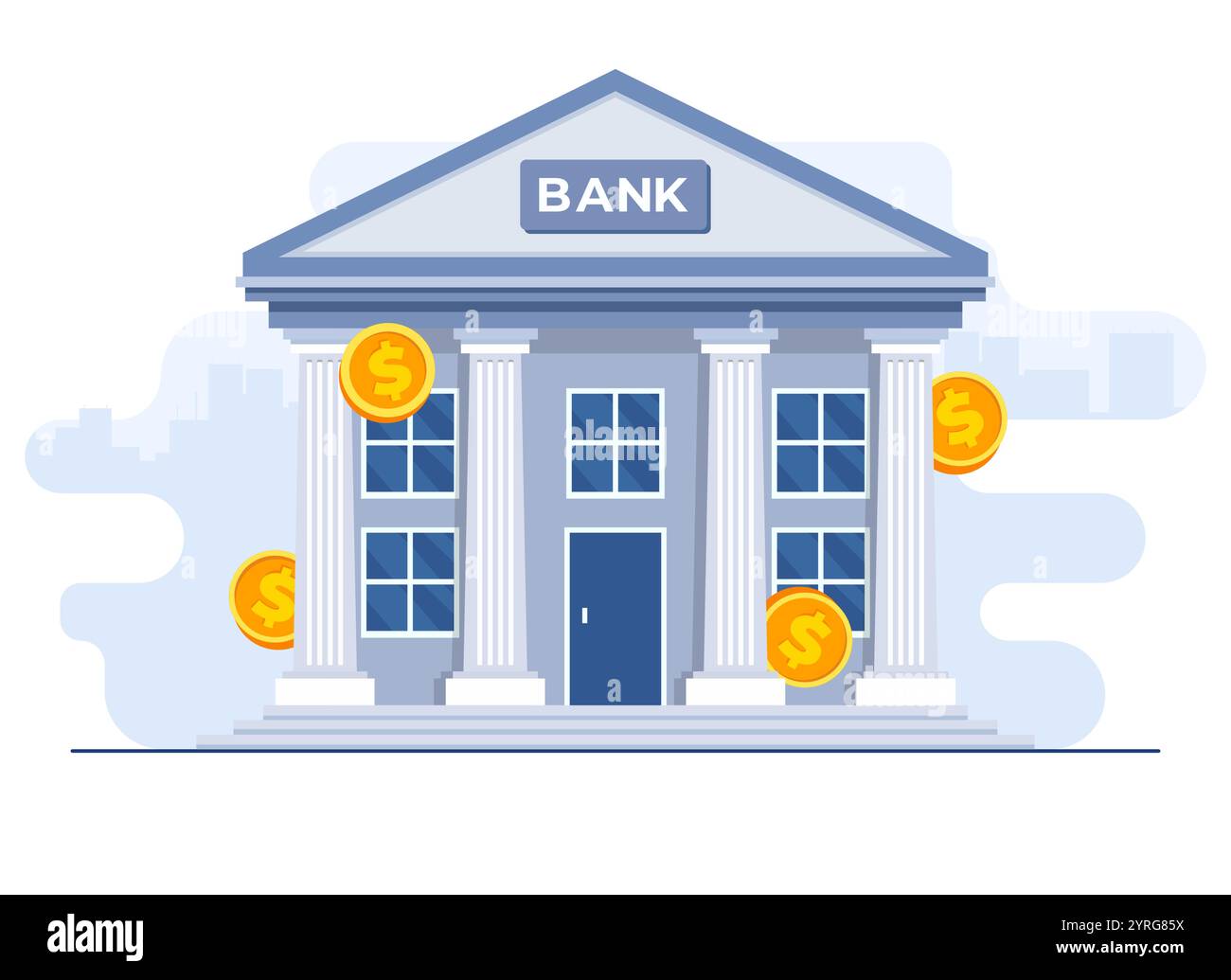 Edificio di banche con monete in dollari intorno al modello vettoriale di illustrazione piatta su sfondo bianco Illustrazione Vettoriale