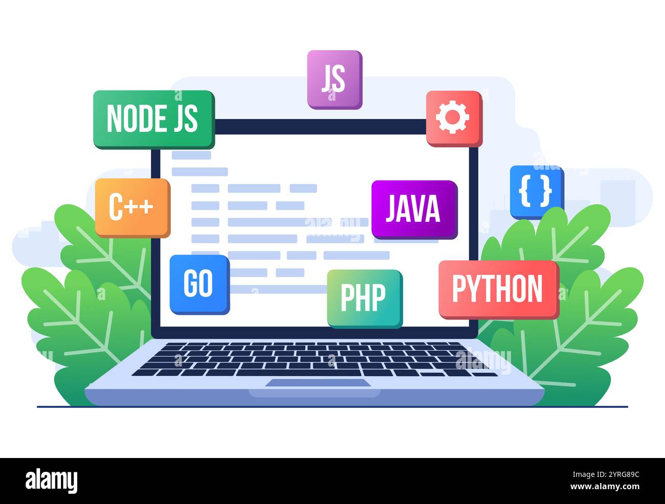 Concetto di sviluppo Web modello vettoriale con illustrazione piatta, progettazione di applicazioni, codifica e programmazione su un laptop con linguaggi di programmazione, test Illustrazione Vettoriale