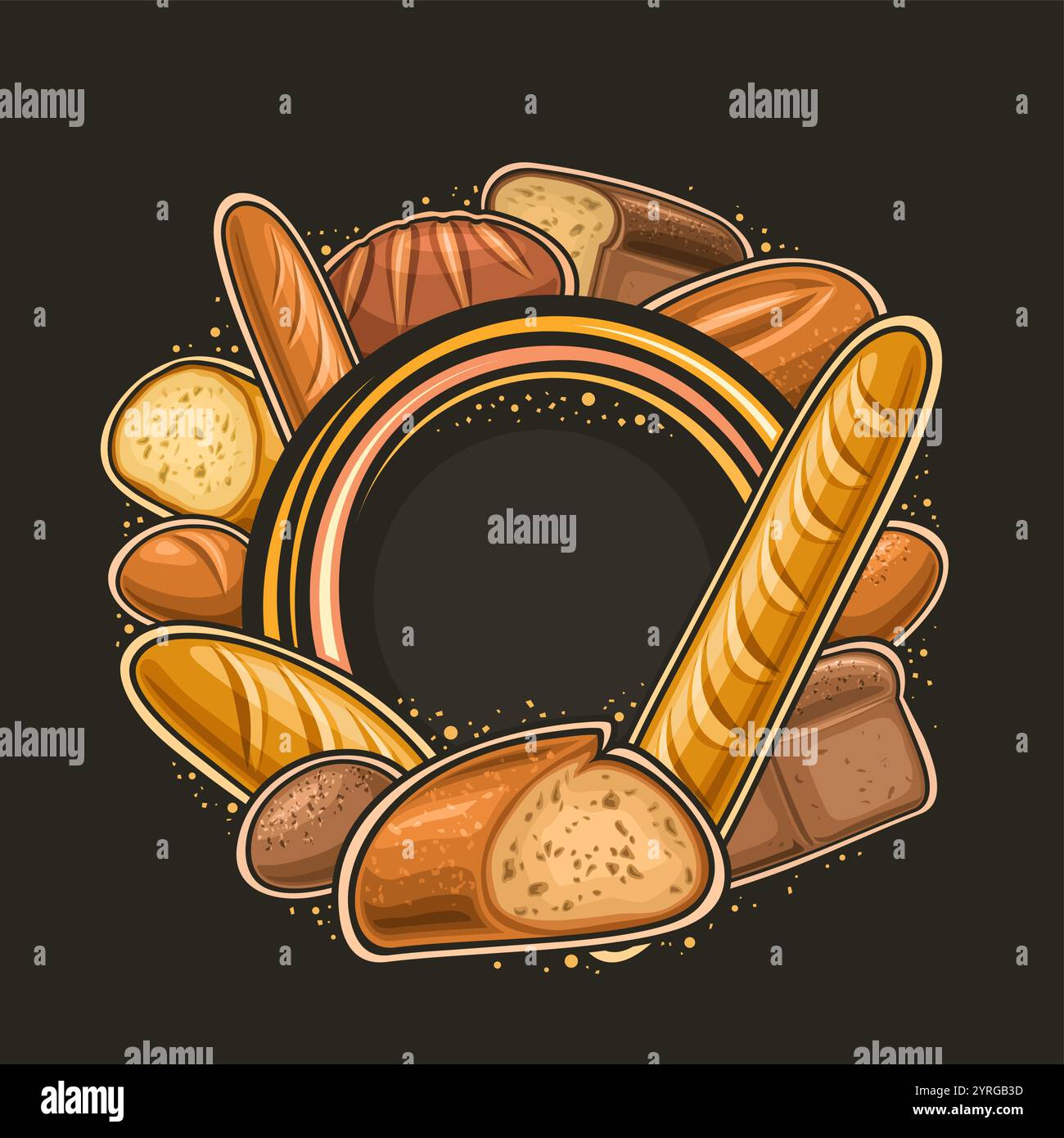 Cornice per pane vettoriale con spazio di copia per il testo dell'annuncio, placca quadrata decorativa con composizione assortita di pane integrale, cartello circolare con gruppo di Illustrazione Vettoriale