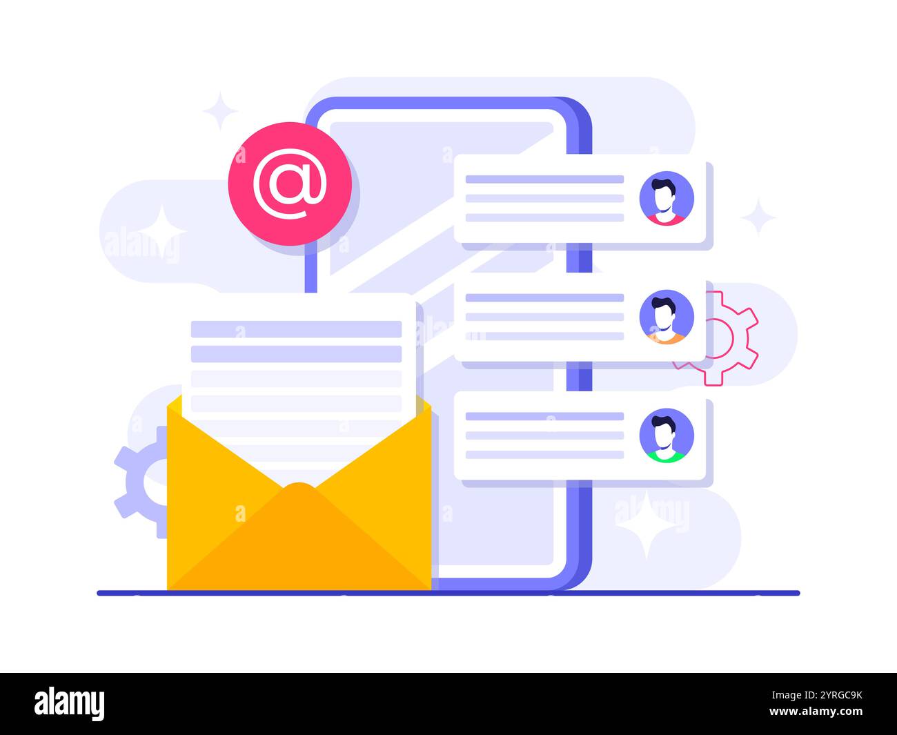 E-mail marketing illustrazione piatta concetto vettoriale, strategia aziendale online, pubblicità, e-mail newsletter, messaggistica, concetto di materiale di marketing per l Illustrazione Vettoriale