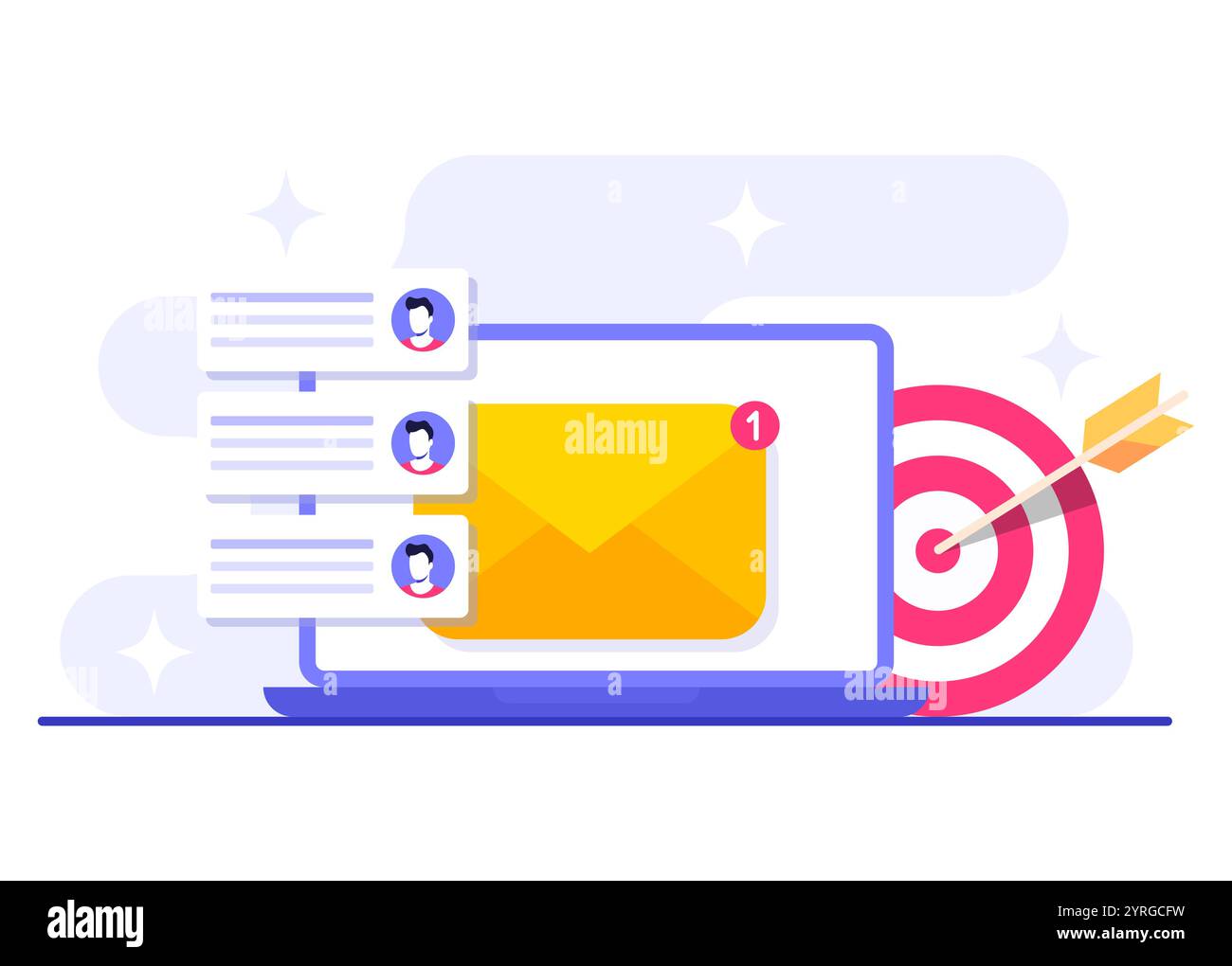 E-mail marketing illustrazione piatta concetto vettoriale, strategia aziendale online, pubblicità, e-mail newsletter, messaggistica, concetto di materiale di marketing per l Illustrazione Vettoriale