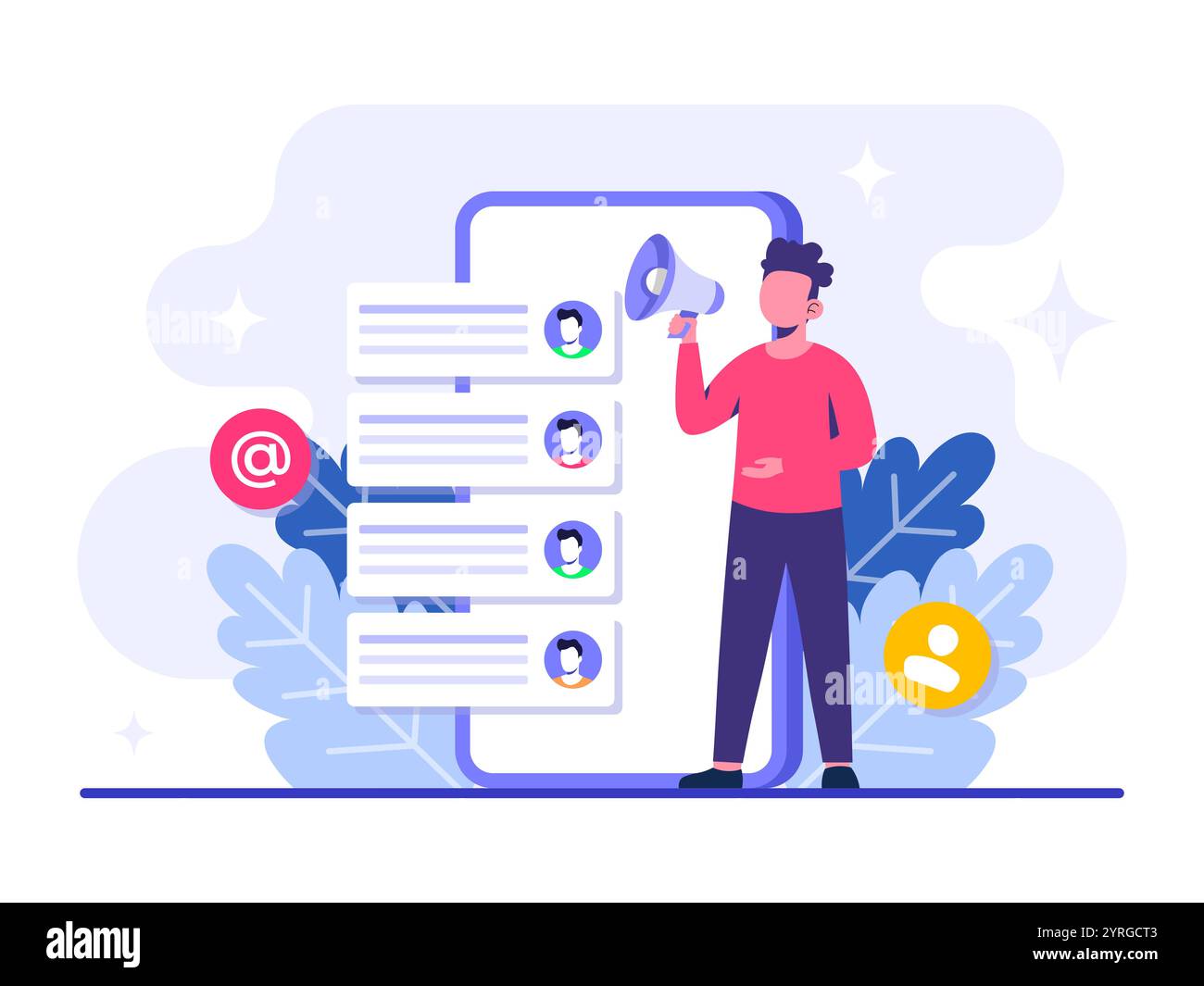Annuncio di carattere con megafono, illustrazione piatta del marketing tramite e-mail, strategia aziendale online, pubblicità, newsletter via e-mail, Marketing co Illustrazione Vettoriale