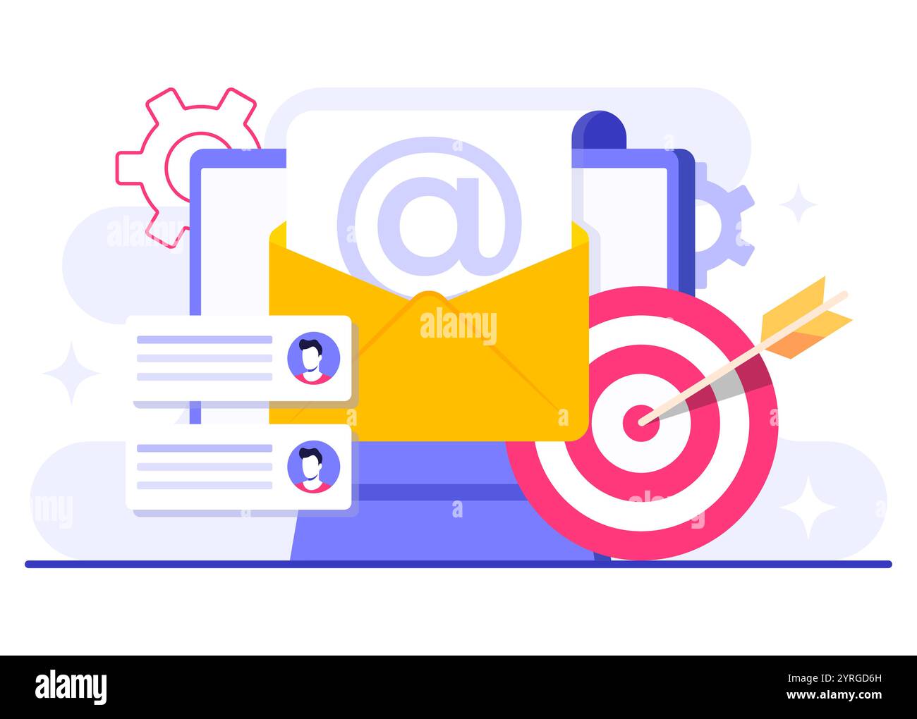E-mail marketing illustrazione piatta concetto vettoriale, strategia aziendale online, pubblicità, e-mail newsletter, messaggistica, concetto di materiale di marketing per l Illustrazione Vettoriale