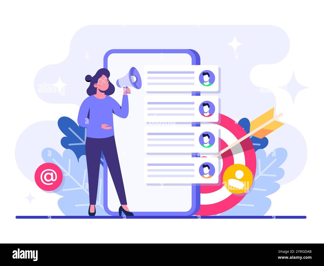 Annuncio di carattere con megafono, illustrazione piatta del marketing tramite e-mail, strategia aziendale online, pubblicità, newsletter via e-mail, Marketing co Illustrazione Vettoriale