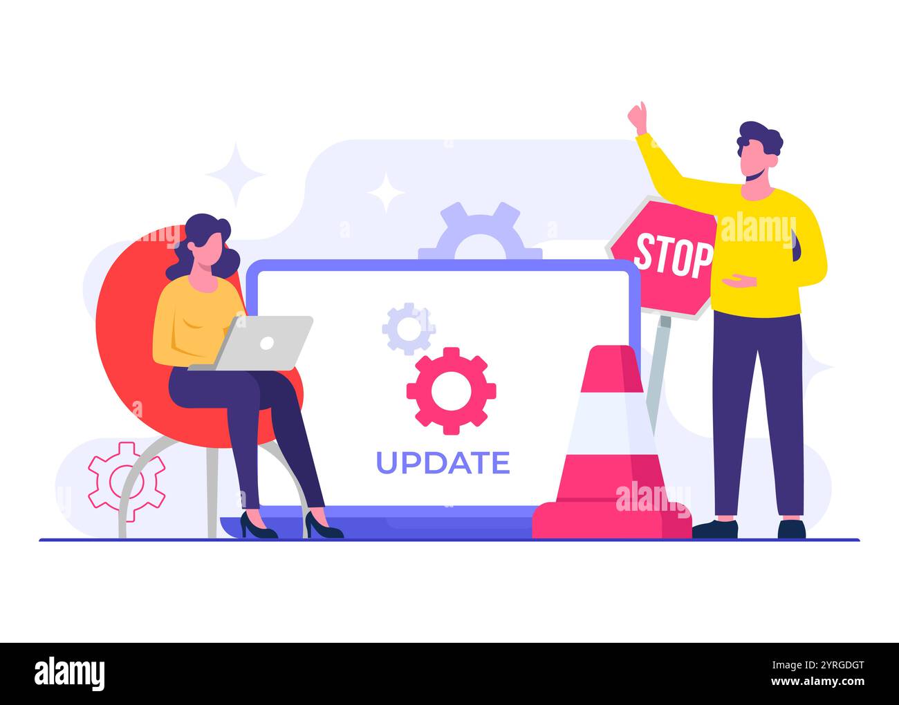 Laptop con immagine vettoriale dello schermo di aggiornamento software, manutenzione del sistema, processo di aggiornamento, installazione del software, sistema operativo Illustrazione Vettoriale