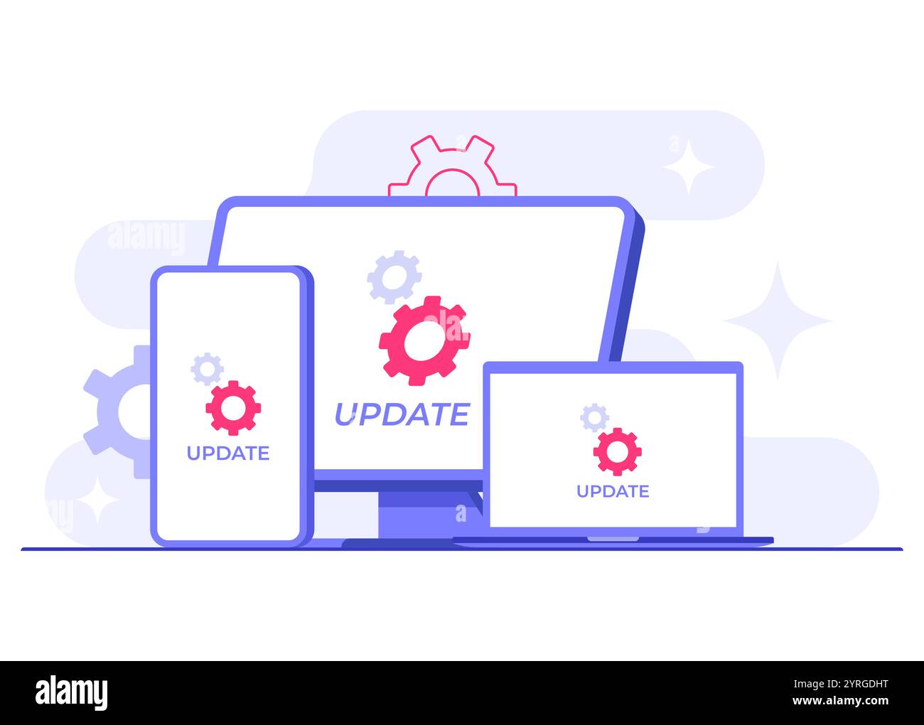 Dispositivi con aggiornamento software schermo piatto immagine vettoriale, manutenzione del sistema, processo di aggiornamento, installazione del software, sistema operativo Illustrazione Vettoriale