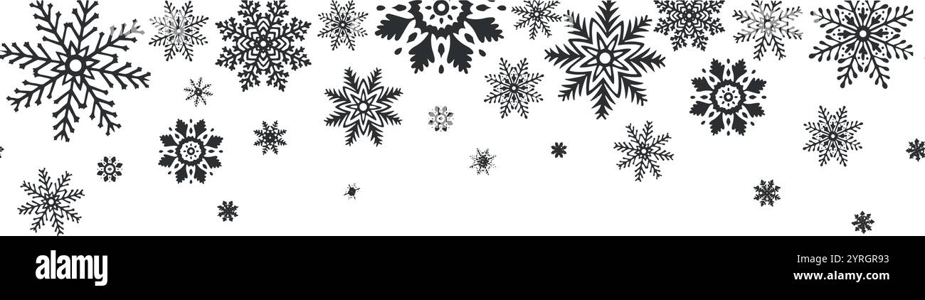 Fiocchi di neve bordo senza cuciture. Illustrazione grafica vettoriale per le festività natalizie o di Capodanno. Scintillante stella del ghiaccio per le vacanze invernali Illustrazione Vettoriale