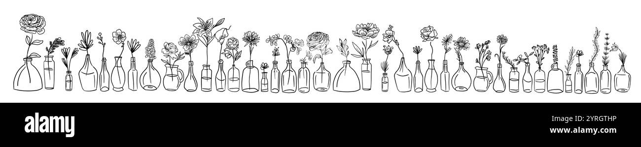 Moderna rete di fiori di doodle isolati e disegnati in vasi e bottiglie. Campitura fiori disegnando una linea. disegno a mano. Non ai, illustrazione vettoriale Illustrazione Vettoriale