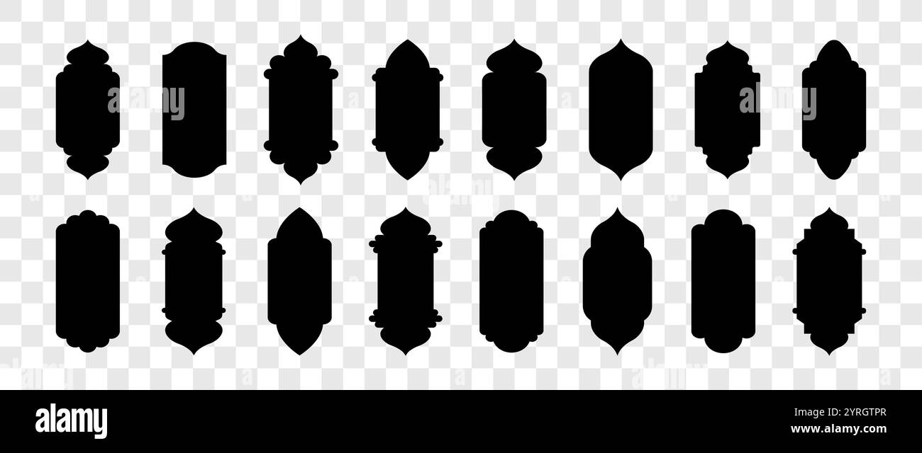 Porta e finestre islamiche. Set di cornici musulmane nere. Cancelli marocchini su sfondo trasparente. Illustrazione vettoriale in stile orientale Illustrazione Vettoriale