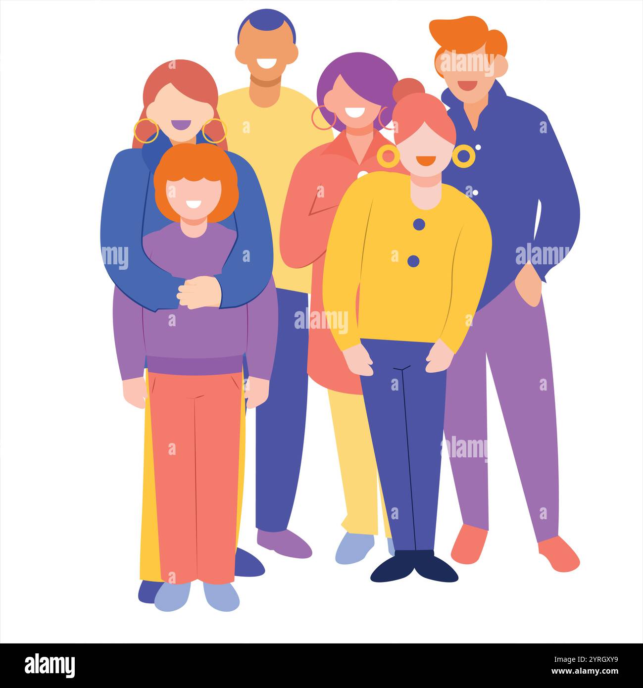 Famiglia, famiglie diverse festeggiano. Le persone felici si divertono insieme. Genitori positivi, coppia con bambini divertenti, illustrazione di design moderno, Illustrazione Vettoriale