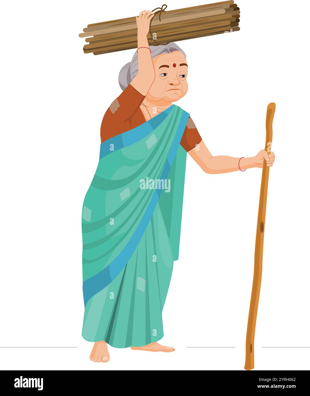 Vecchia donna indiana che porta legna tagliata sulla testa nell'india rurale Illustrazione Vettoriale