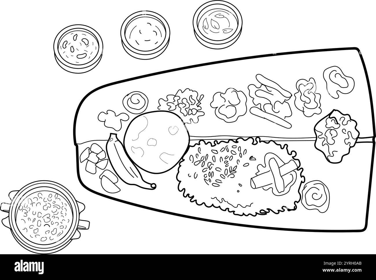 Cibo tradizionale a foglia di banana, cibo Happy Onam (onasadya) del festival del Kerala servito su foglia di banana Illustrazione Vettoriale