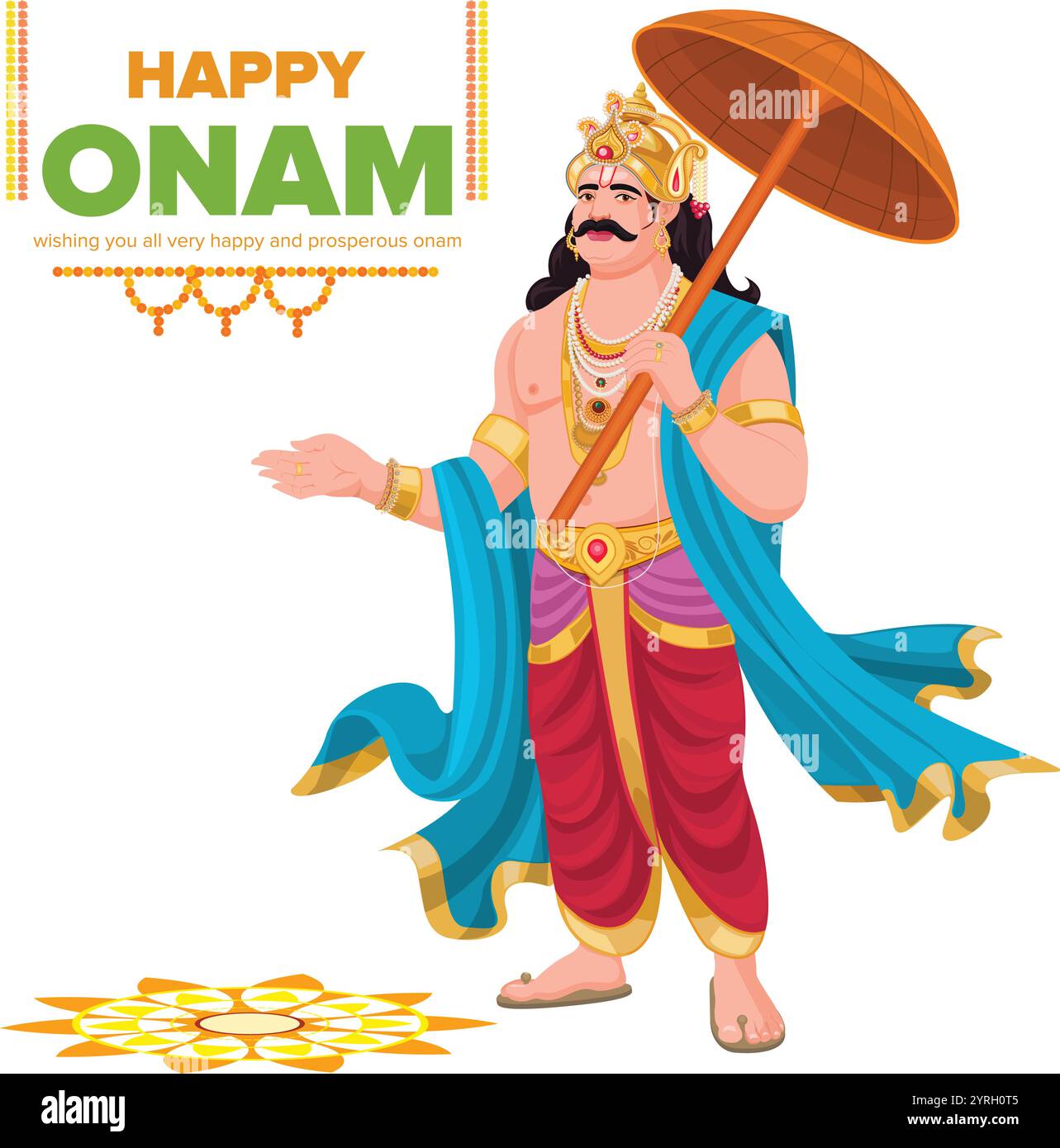 Happy Onam, King Mahabali in Onam, New Kerala festival Happy onam con mahabali, da utilizzare per poster, opuscolo Illustrazione Vettoriale