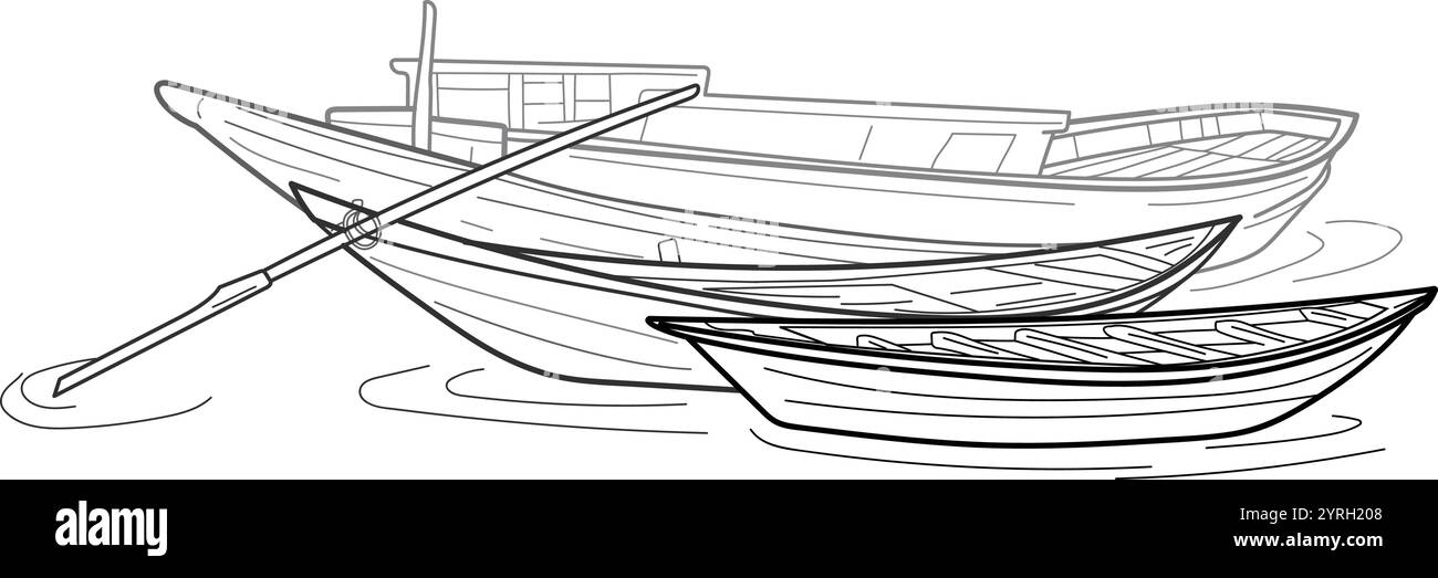 Barche sul lato del fiume. Illustrazione stile disegnato a mano Illustrazione Vettoriale