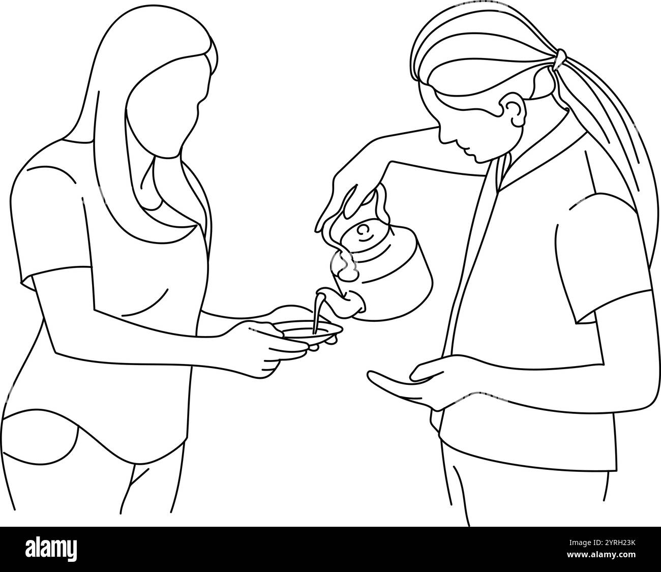 donna che serve il tè. Disegnato a mano con linee sottili Illustrazione Vettoriale